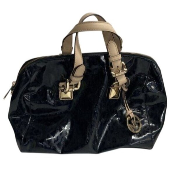 Michael Kors Black Patent Leather Satchel Bag With Gold Hardware & Tan Handles - Picture 1 of 4